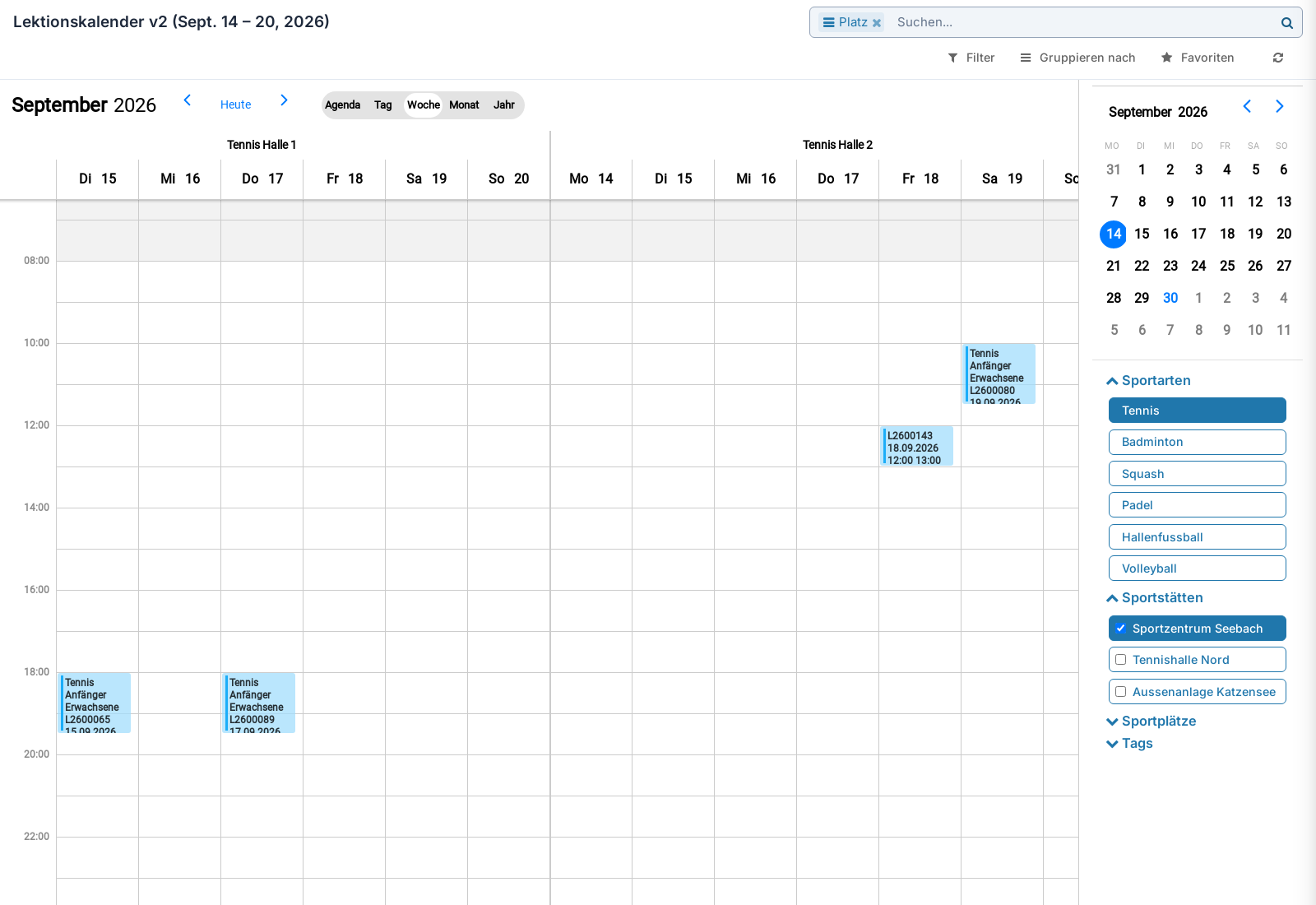 Lektionskalender in der Wochenansicht