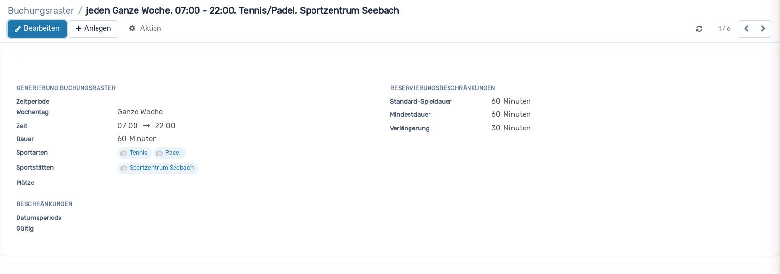 Screenshot: Buchungsraster
