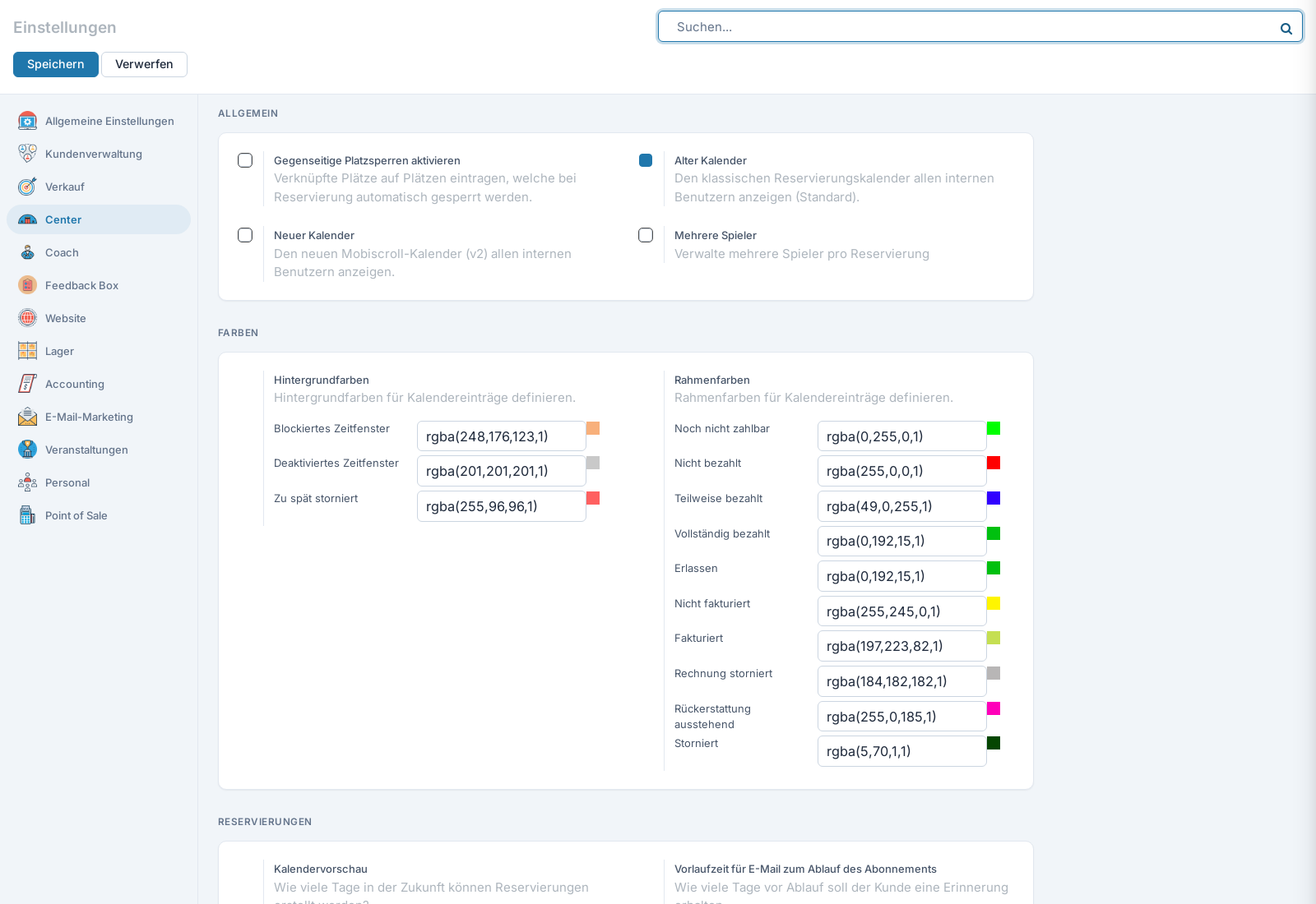 Screenshot: Center-Einstellungen