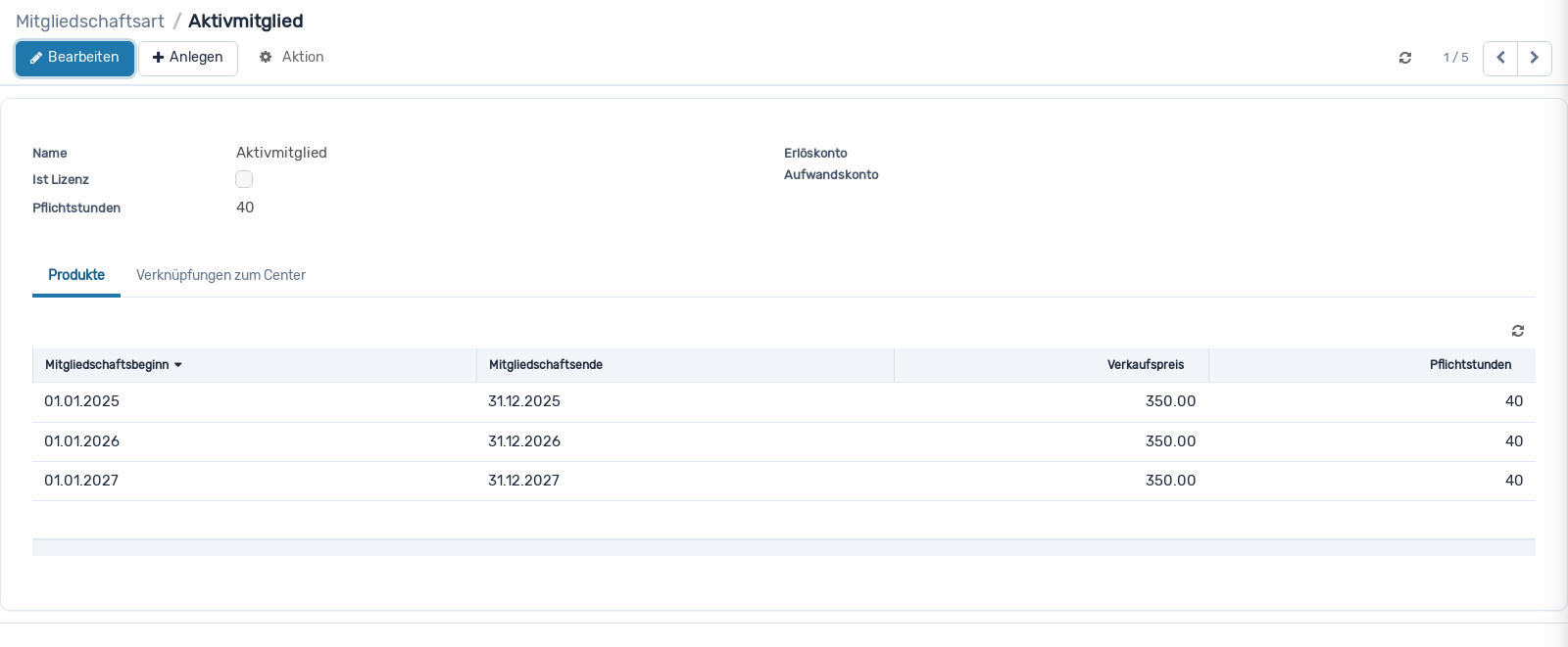 Screenshot: Mitgliedschaftsarten