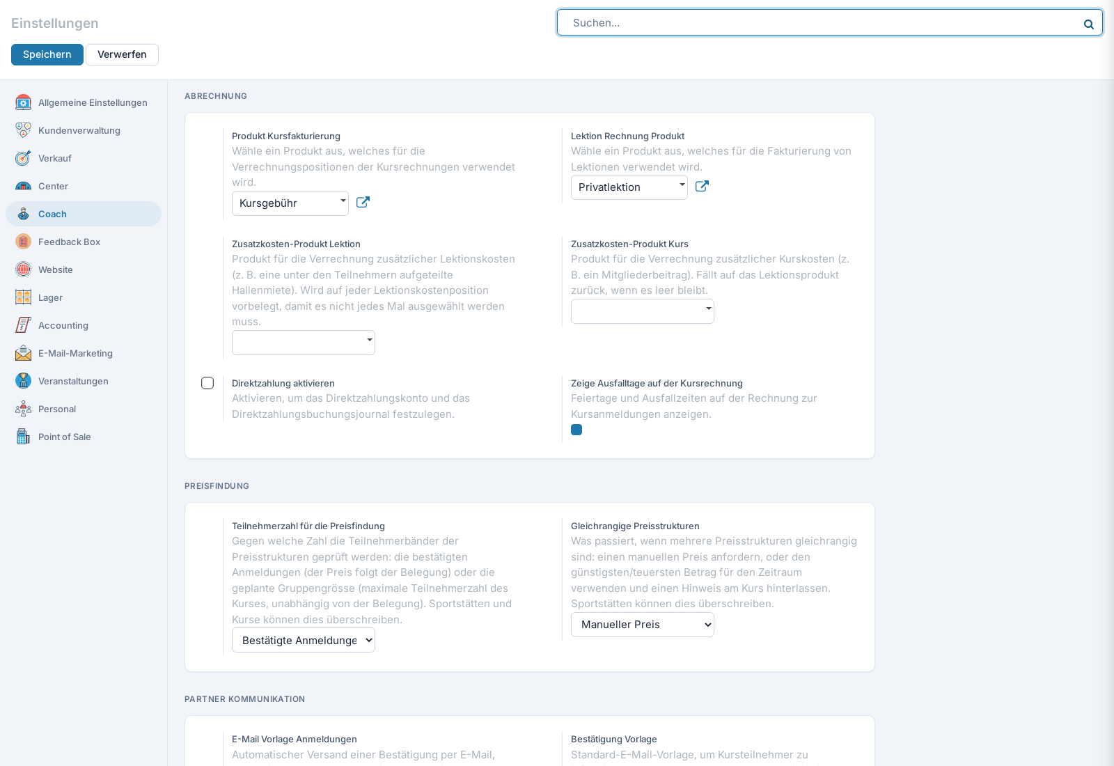 Screenshot: Coach-Einstellungen