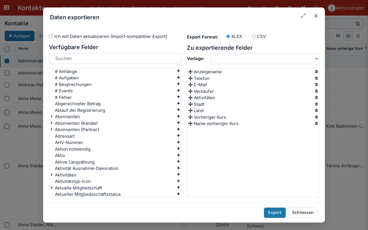 Screenshot: Dialog «Daten exportieren» mit gewählten Feldern