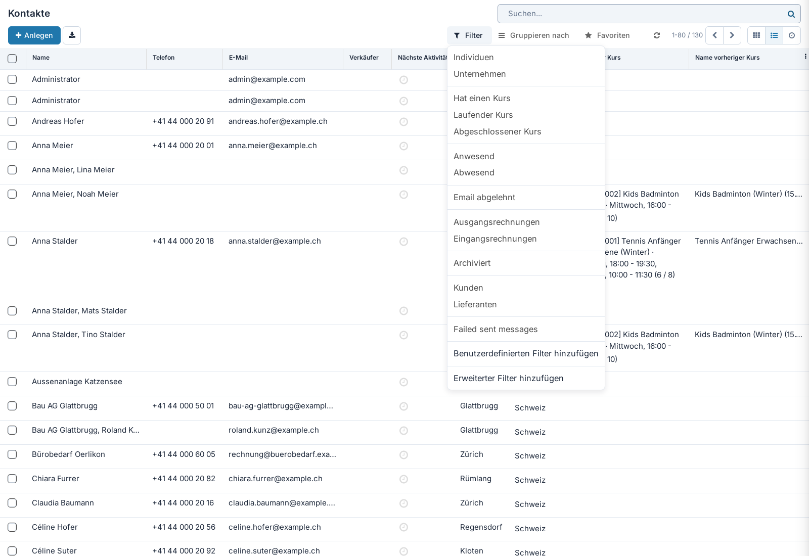 Screenshot: Geöffnetes Dropdown Filter in der Kontaktliste